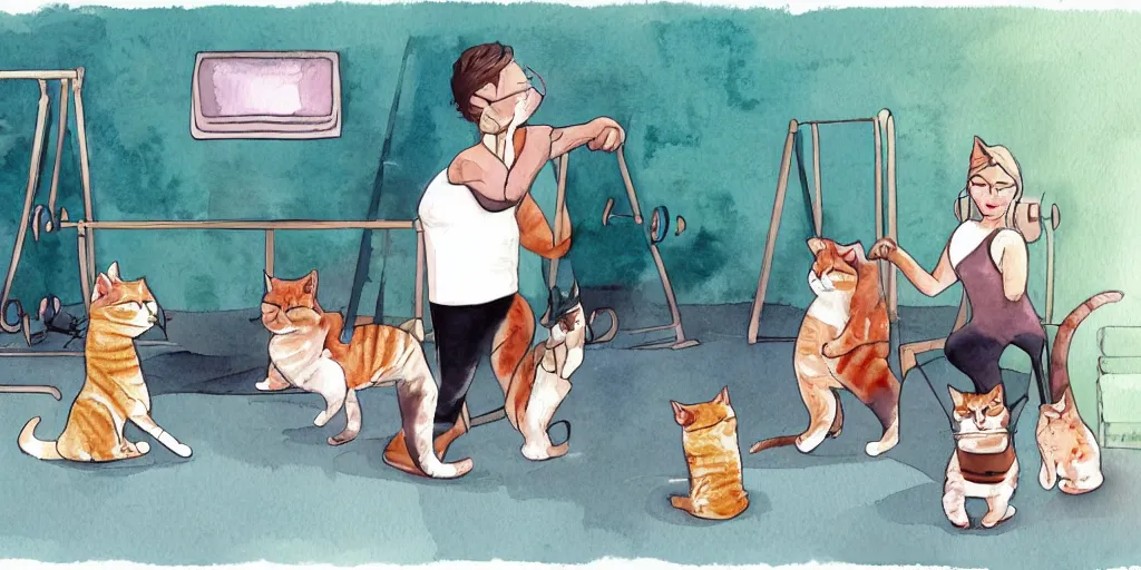 Image similar to watercolor illustration style, cute cat trainer training other cute cats in the fitness studio environment