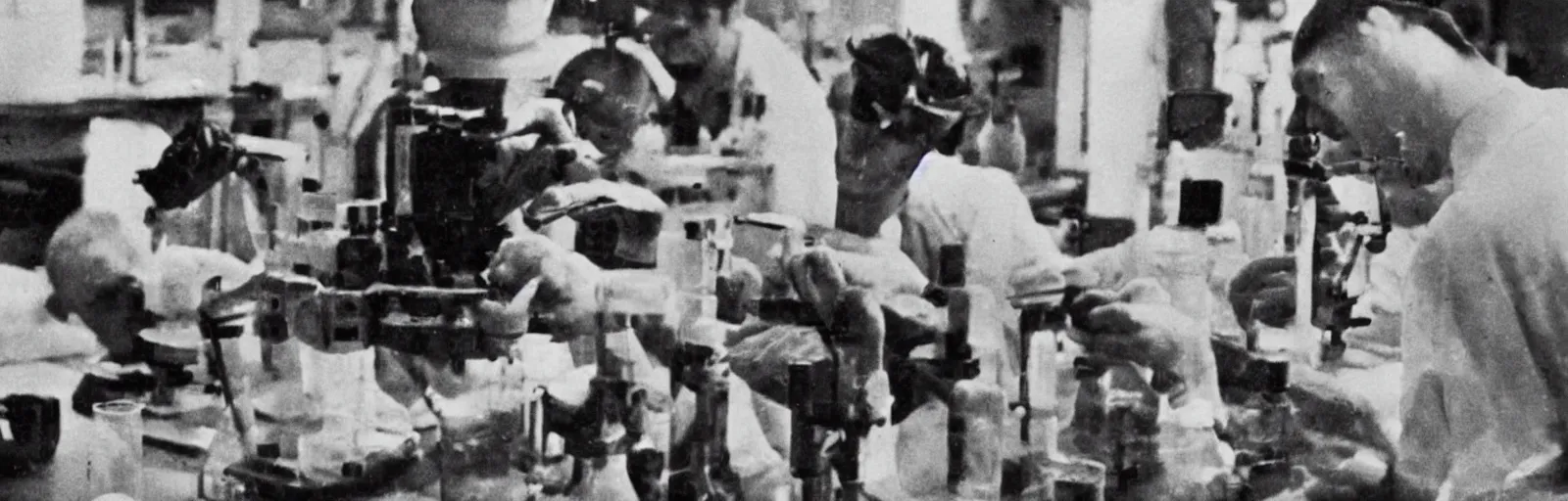 Prompt: a real photo, filmic close up full color photograph of a laboratory with a man without clothing putting his hand into a soldier's mouth