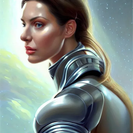 Image similar to portrait of very beautiful woman with a large obvious scar across her cheek and lips, very very beautiful, wearing futurist spacesuit space armor, Alexandria's genesis, chin-length hair, bored, illustration, soft lighting, soft details, hyper realism, high detailed, painting oil on canvas by mark arian by artgerm, trending on artstation, 4k, 8k, HD