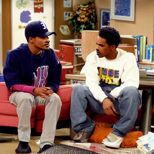 Image similar to a tv still of Chance The Rapper starring as a black college student at Jones College Prep in a 1993 sitcom