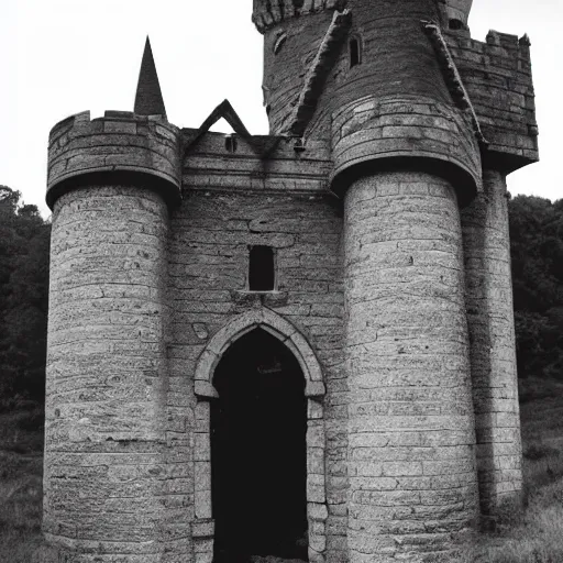 Image similar to ruins of a harry potter universe castle in the evening. a wizard with a dark vibe stands there and summons a portal that would take me back home.