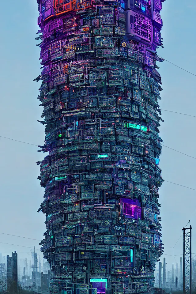 Image similar to cyberpunk tower made out of billions of stacked computer screens by simon stalenhag and dan mumford