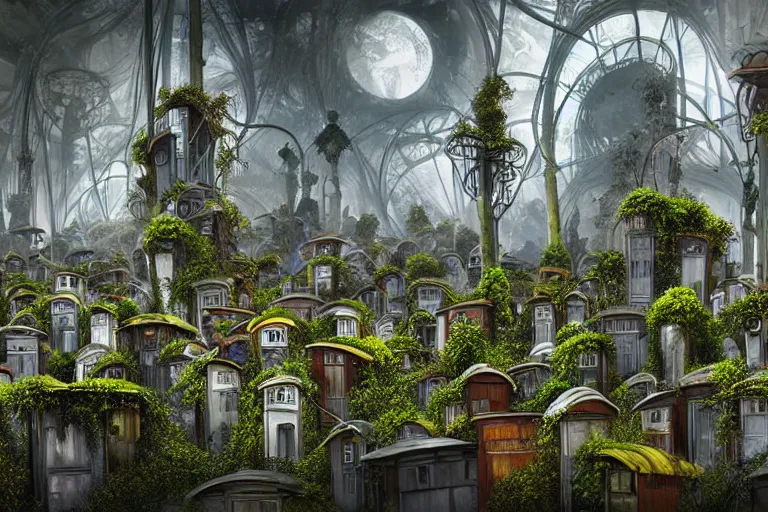 Prompt: elegance futuristic foliage overgrowing favela graveyard honeybee hive, art nouveau environment, industrial factory, award winning art, epic dreamlike fantasy landscape, ultra realistic,