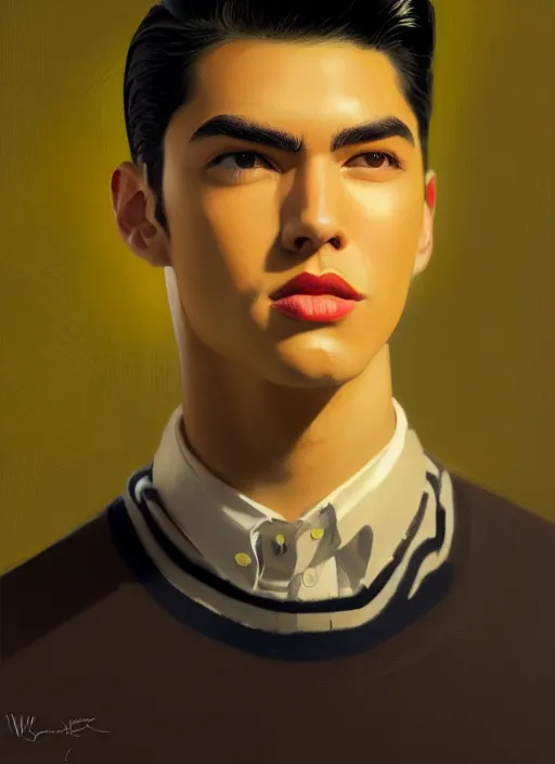 Image similar to portrait of young reggie mantle, mean smirk, egotistical, slicked back hair, striped yellow and black sweater, 1 9 5 0 s, intricate, elegant, glowing lights, highly detailed, digital painting, artstation, concept art, smooth, sharp focus, illustration, art by wlop, mars ravelo and greg rutkowski