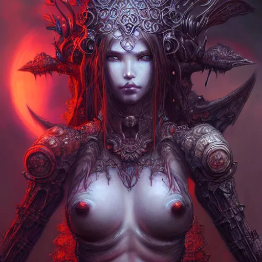 Image similar to a highly detailed long shot photo of chthonic warcraft female character by ayami kojima, beksinski, giger, intricate, digital painting, artstation, intricate, concept art, smooth, sharp focus, illustration