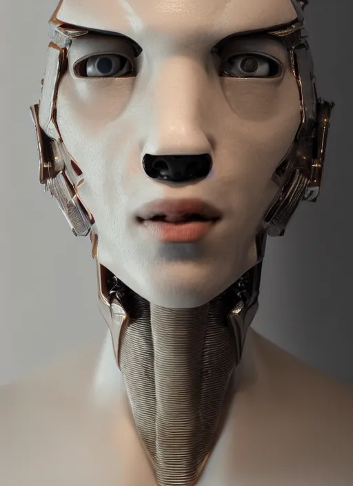 Image similar to angled facial full-head portrait of a cyberpunk bone ceramic caliente humanoid robot Spanish with an attractive face and handsome features, large glowing eyes, macho, piroca, dotado, guapo, reflective surface, trending on cgsociety, trending on artstation