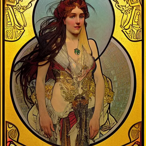 Image similar to woman in golden plate armour, painted by alphonse mucha