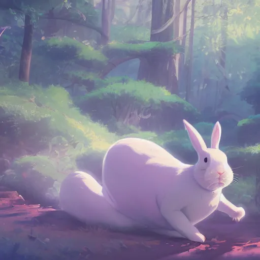 Image similar to concept art painting of a chubby white rabbit wearing a turquoise dress, in the deep forest, realistic, detailed, cel shaded, in the style of makoto shinkai and greg rutkowski and james gurney