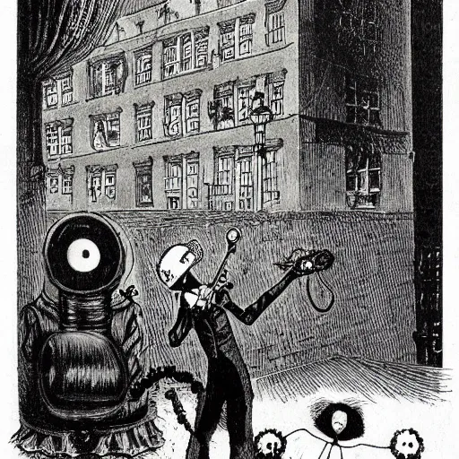 Prompt: a macabre victorian illustration by edward gorey of steampunk ghostbusters chasing ghosts and shooting at ghosts with ray - guns, in buildings or in the streets.