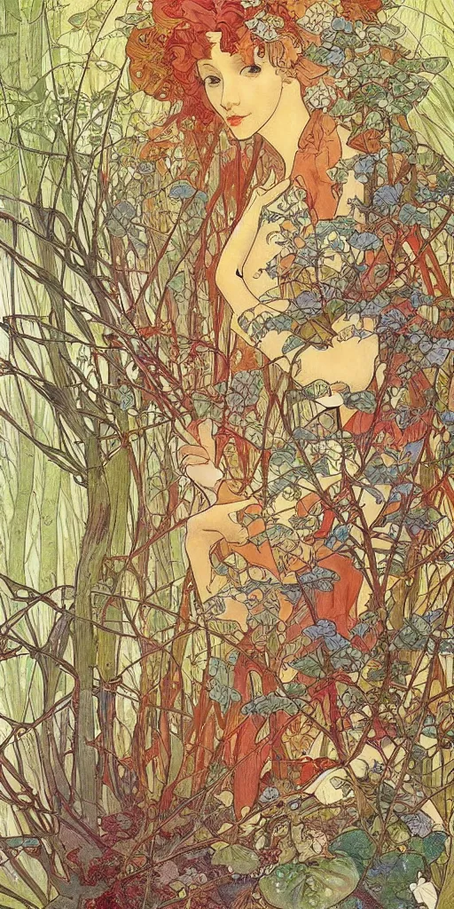 Image similar to a beautiful illustration of a forest in autumn, style of yoshitaka amano and alfons mucha