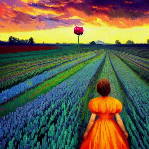 Image similar to dutch girl with singular giant tulip as a head, surreal photography, flower field, sunset dramatic light, impressionist painting, colorful clouds, blue sky, digital painting, artstation, simon stalenhag