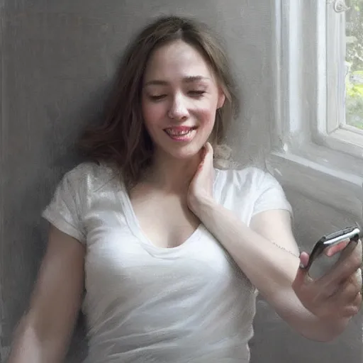 Prompt: epic masterpiece of cinematographic hyperrealism where a happy woman appears using her cell phone, the background of the image is white. realistic shaded lighting poster by craig mallismo, artgerm, jeremy lipkin and michael garmash, unreal engine, radiant light, detailed and intricate environment, digital art, art station trends