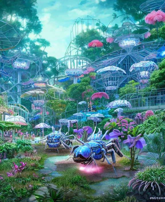 Prompt: an amusement park made out of seamless isopod dragonflies, in the style of a puffy robot, overgrown with orchids, partly cloudy, somber, dramatic lighting, by dan mumford, yusuke murata, makoto shinkai, ross tran, cinematic, unreal engine, cel shaded, featured on artstation, pixiv