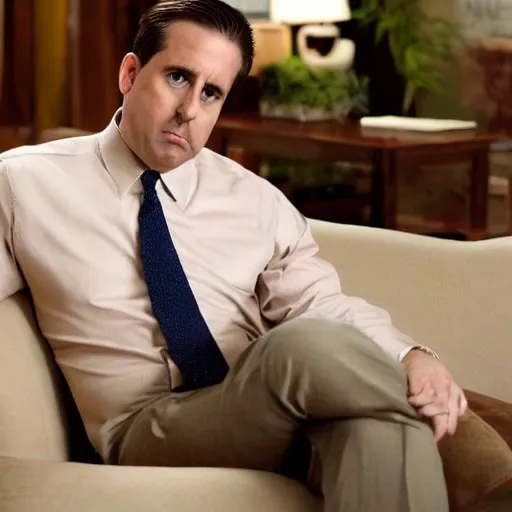 Image similar to full body photo of michael scott, mature male, mysterious face. he is sitting gracefully on a sofa, elegant slim beige shirt, tight shirt, bally belly