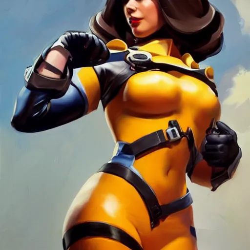 Image similar to greg manchess portrait painting of female wearing a latex suit as overwatch character, medium shot, asymmetrical, profile picture, organic painting, sunny day, matte painting, bold shapes, hard edges, street art, trending on artstation, by huang guangjian and gil elvgren and sachin teng