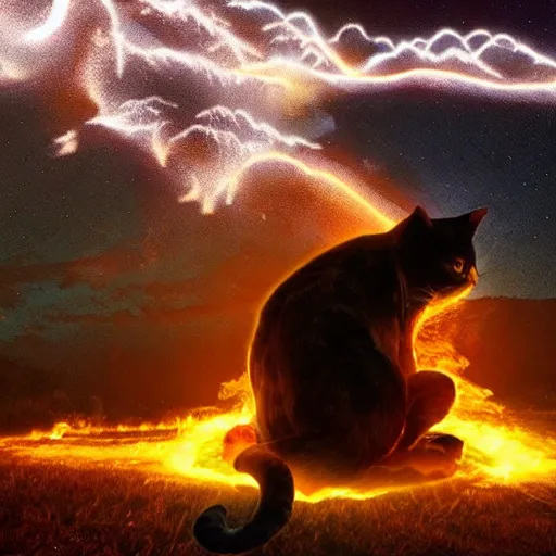 Prompt: giant cat firing lazers at burning people apocalypse hyper realistic