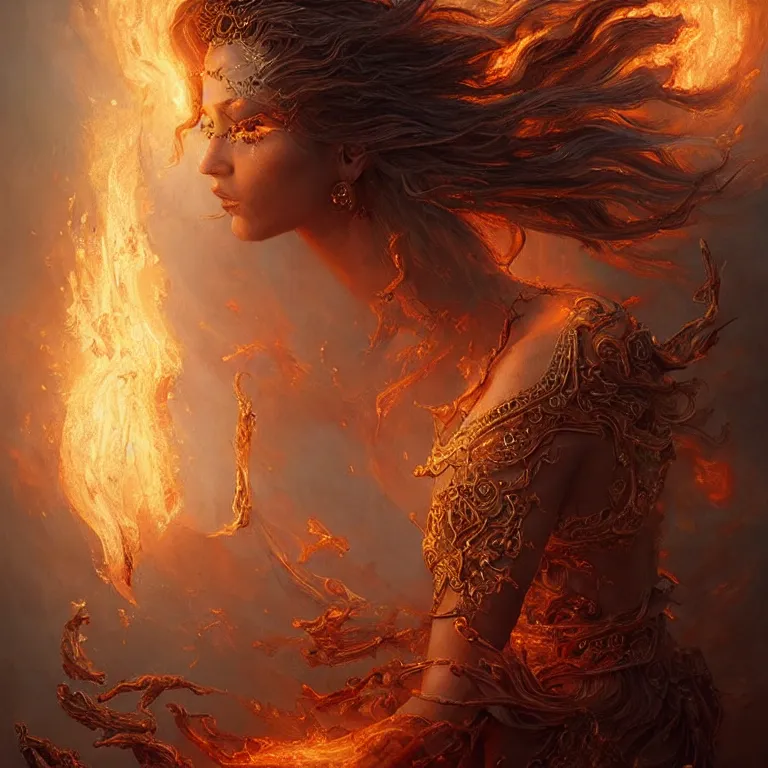 Image similar to Majestic painting of a beautiful young female fire goddess!!, intricate, epic, elegant, menacing, fantasy, highly detailed, digital painting, hard focus, beautiful volumetric lighting, epic light, ultra detailed, souls, smoke, by Leesha Hannigan, Ross Tran, Thierry Doizon, Kai Carpenter, Ignacio Fernández Ríos