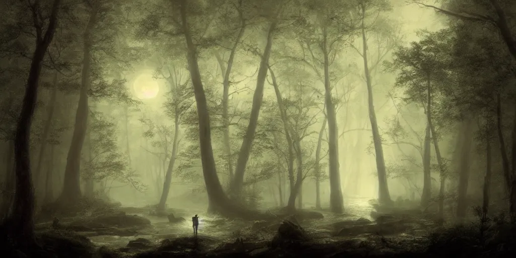 Prompt: [ a dark scene of a dense forest at night with a stream through it, moonlight through trees, volumetric light and mist, fog ], andreas achenbach, artgerm, mikko lagerstedt, zack snyder, tokujin yoshioka