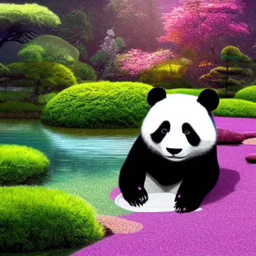 Image similar to a panda In a beautiful Japanese garden, peaceful, digital art, colorful, 4k, light rays, volumetrics, trending on artstation, by Beeple