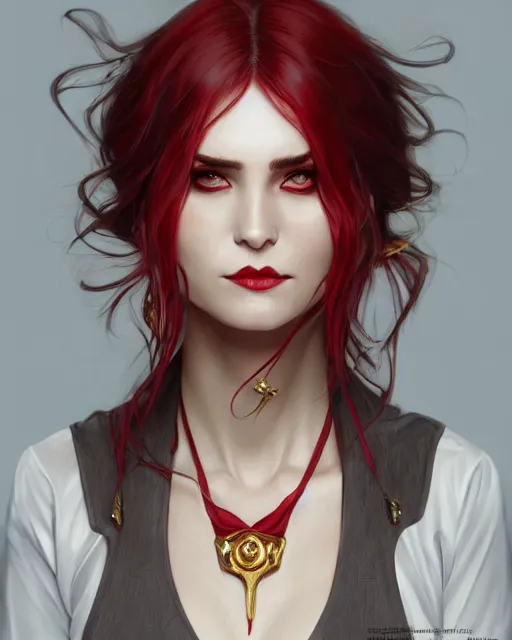 Prompt: female vampire, perfect face, gold waistcoat, red shirt, long grey hair, red necktie, cinematic, stunning, highly detailed, digital painting, artstation, smooth, hard focus, full body shot, illustration, art by artgerm and greg rutkowski and alphonse mucha