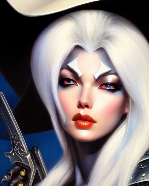 Image similar to ashe from overwatch, white hair, black cowboy hat, character portrait, portrait, close up, highly detailed, intricate detail, amazing detail, sharp focus, vintage fantasy art, vintage sci - fi art, radiant light, caustics, by boris vallejo