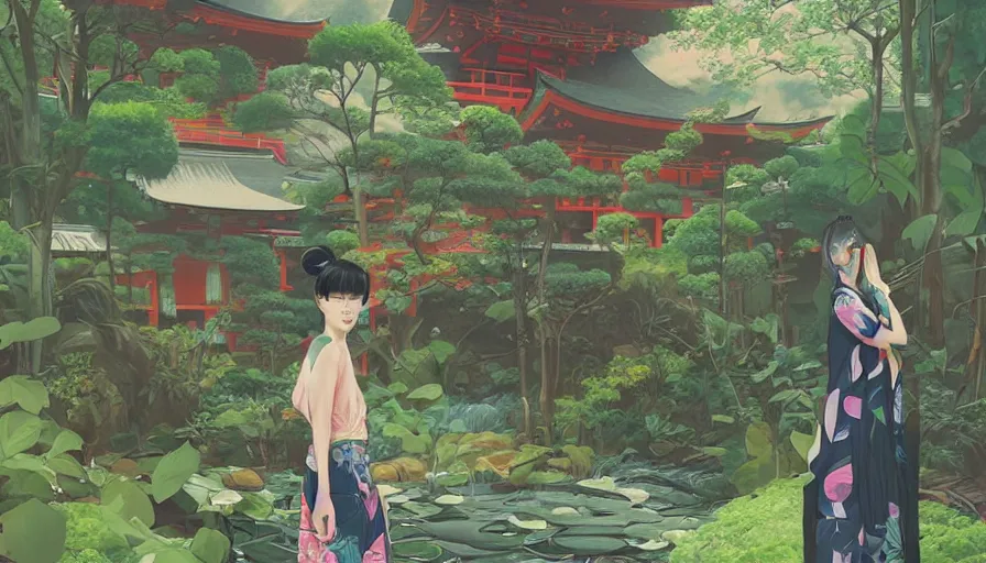 Image similar to a digital painting of a woman exploring a japanese temple, lush plants, eco - cyberpunk art by james jean, cgsociety, retrofuturism, anime aesthetic, chromatic, iridescent