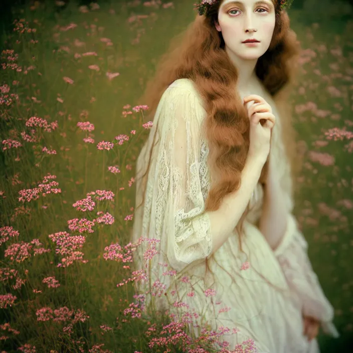 Image similar to Kodak Portra 400, 8K, soft light, volumetric lighting, highly detailed, britt marling style 3/4 ,portrait photo of a beautiful woman how pre-Raphaelites painter, a beautiful lace dress and hair are intricate with highly detailed realistic beautiful flowers , Realistic, Refined, Highly Detailed, natural outdoor soft pastel lighting colors scheme, outdoor fine art photography, Hyper realistic, photo realistic