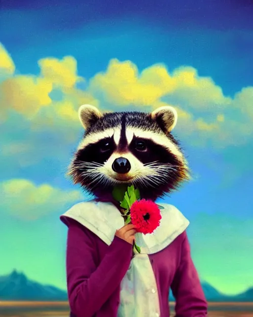 Image similar to closeup portrait beautiful female anthropomorphic raccoon wearing a dress on salt flats holding a flower, surreal photography, sunrise, dramatic light, impressionist painting, colorful clouds, digital painting, artstation, simon stalenhag