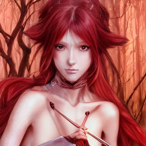 Prompt: a red haired female knight as an absurdly beautiful, elegant, young sensual anime girl, forest background, ultrafine hyperrealistic detailed face illustration by kim jung gi, irakli nadar, intricate linework, sharp focus, bright colors, matte, octopath traveler, final fantasy, unreal engine highly rendered, global illumination, radiant light, intricate environment