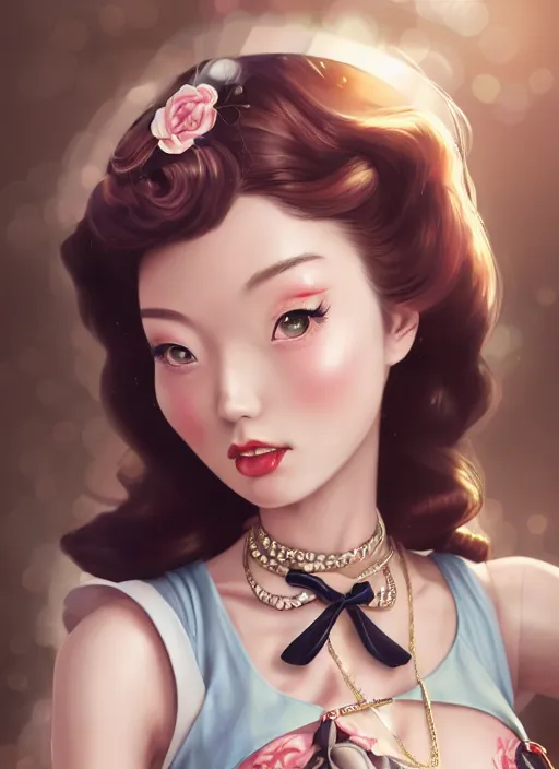 Image similar to a pin up and beautiful fashion dreamlke japan girl with lv jewelry, character art, art by artgerm, wlop, loish, hyperdetailed, 8 k realistic, symmetrical, global illumination, radiant light, frostbite 3 engine, cryengine, dof, trending on artstation, digital art, chanel, dior, detailed background