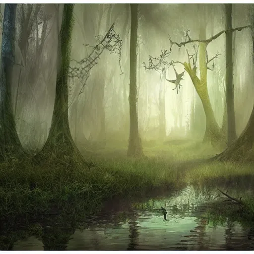 Prompt: an ethereal misty fairy swamp, fantasy illustration