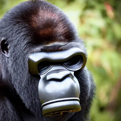 Prompt: high quality photo of A gorilla wearing a world war 2 gas mask, realism, 8k, award winning photo