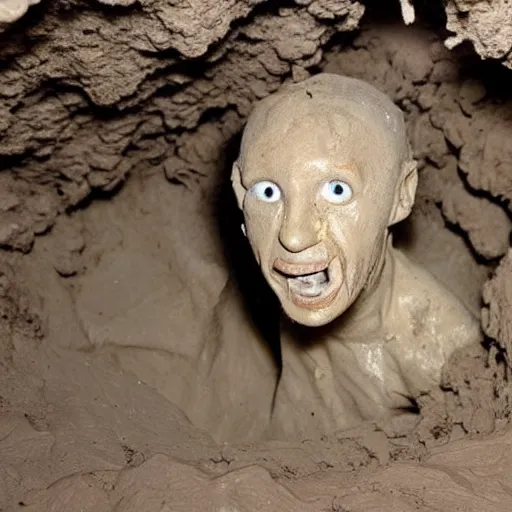 Image similar to found footage of a humanoid made of wet clay emerging from a wall inside of a cave made of wet clay, creepy, flash photography, unsettling, moist, low quality, dark environment, cavern, spelunking