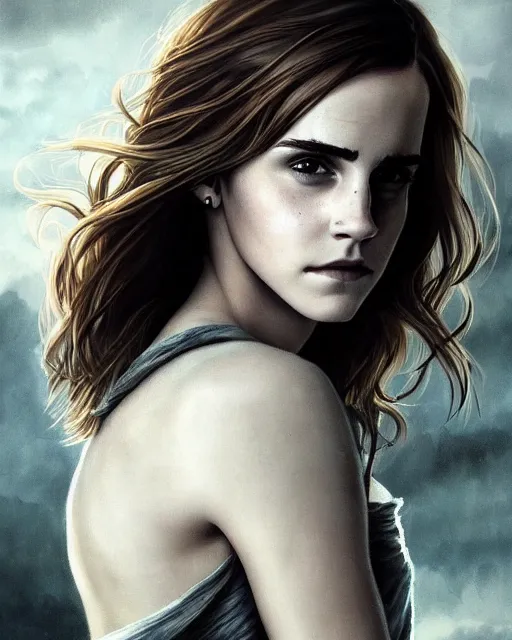 Image similar to clear portrait of emma watson, somber appearance, ripped clothing, looking her shoulder, wearing the one ring of sauron, background hyper detailed, character concept, full body, dynamic pose, intricate, elegant, highly detailed, digital painting, artstation, concept art, smooth, sharp focus, illustration, art by artgerm and greg rutkowski and alphonse mucha