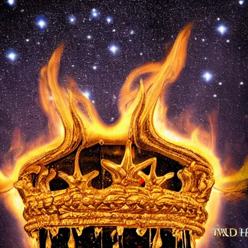 Prompt: a golden flaming crown in the midst of a hurricane of stars