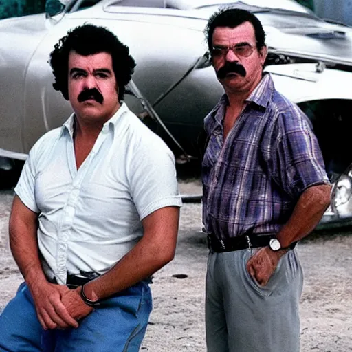 Image similar to Pablo Escobar next to Walter White 4K quality super realistic