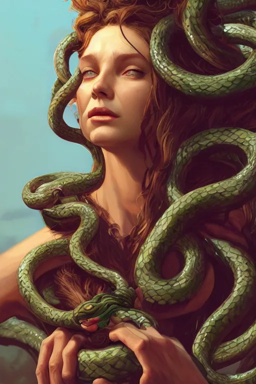 Image similar to portrait, medusa with snakes as hair, dynamic lighting, volumetric, bokeh, cinematic, extremly high detail, photo realistic, cinematic lighting, post processed, concept art, artstation, matte painting, style by eddie mendoza, raphael lacoste, alex ross