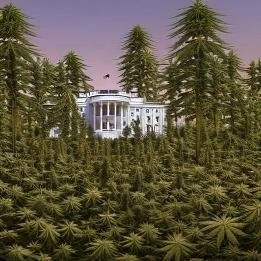 Image similar to a architectural portrait of the white house surrounded in wild blooming cannabis, and hippies crawling from the brush, cg art, fine art, highly detailed, digital painting, cgi, volumetric lighting, sunny atmosphere