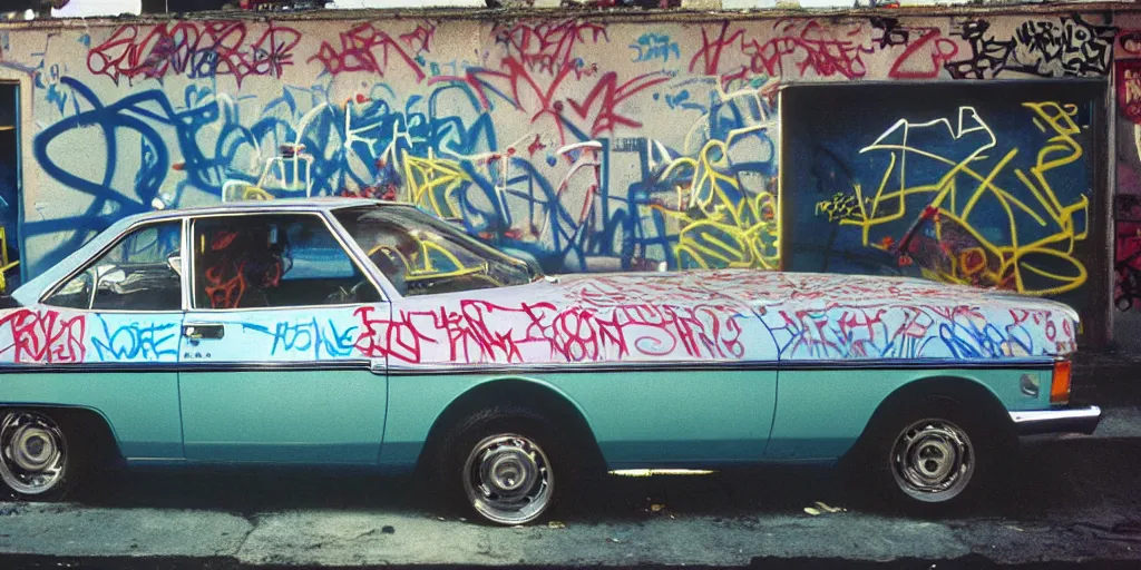 Image similar to bronx, gang in the 7 0 s car, closeup graffiti on the wall, coloured film photography, 3 5 mm film, bruce davidson photography, willy spiller photography