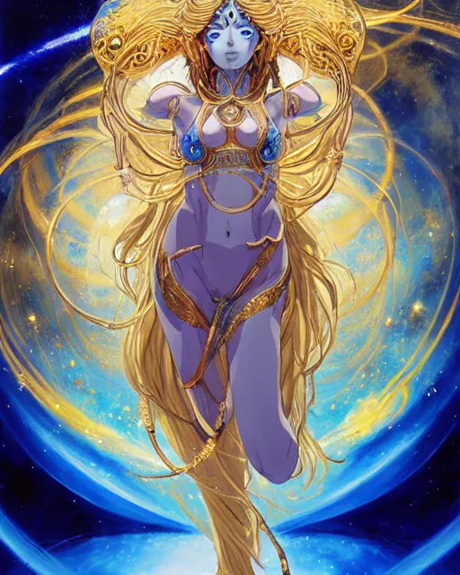 Prompt: a golden goddess with blue adornments quarter turn figurative anime portrait, in space, transcending to a higher plane, anima, the eternal blessing the holy nexus, in the multiverse, lazer light beaming down to top of her head, by android jones, by ben ridgeway, by ross draws, by Noah Bradley, by Maciej Kuciara + illustrative + visionary art + low angle + oil painting + Visionary art, DMT, psychedelic, The god particle, utopia profile, artgerm, featured in artstation, elegant, Moebius, Greg rutkowski