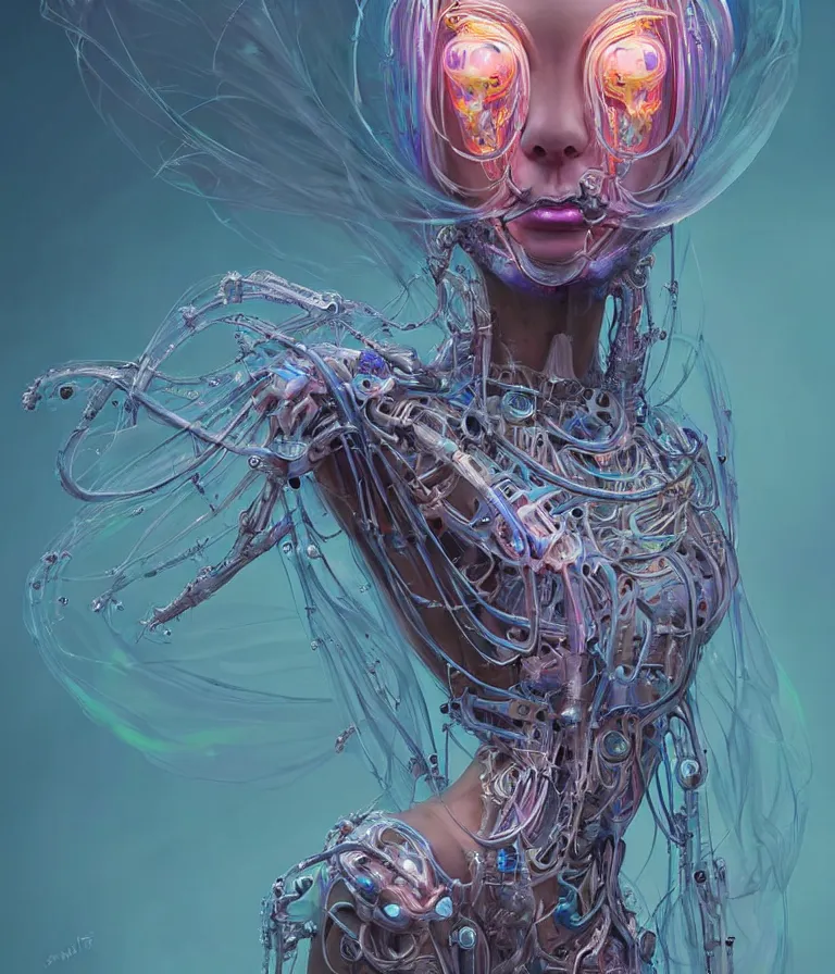 Image similar to fully symmetrical centered iridescent portrait of a beautiful princess in robe. artificial muscles, ribcage, bones, hard surface modelling. cyberpunk look. biomechanical mask. bio luminescent biomechanical halo around head. jellyfish. artwork by jarold Sng by artgerm, by Eddie Mendoza, by Peter mohrbacher by tooth wu, unreal engine, octane render, cinematic light, high details, iridescent colors, dichroic, macro, depth of field, blur