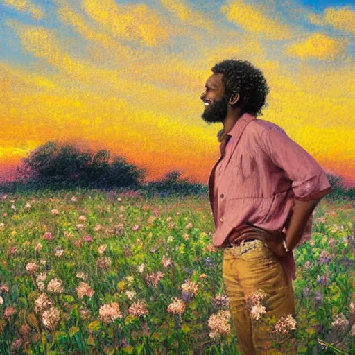 Image similar to an east african man with curly hair in a vast field of flowers, looking off into the sunset, relaxing, wide shot, golden hour, vintage, impressionist painting, fine art, oil painting, dreamy, pastel, laughing, happy, intricate details, sharp, peaceful, serene