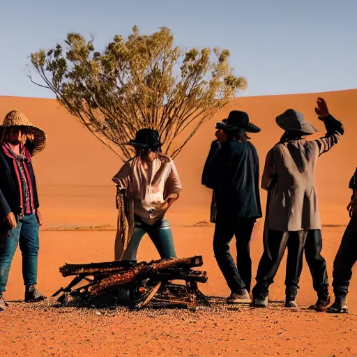 Image similar to photograph of three ravers, two men, one woman, woman is in a trenchcoat, blessing the soil at night, seen from behind, talking around a fire, two aboriginal elders, dancefloor kismet, diverse costumes, clean composition, desert transition area, bonfire, starry night, australian desert, xf iq 4, symmetry, sony a 7 r