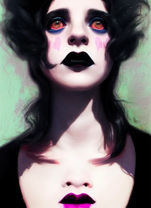 Prompt: portrait of a teen girl with a crooked nose and a confident expression, 1 9 6 0 s, black clothes, goth, punk, brightly coloured hair, funk, intricate, elegant, highly detailed, digital painting, artstation, concept art, smooth, sharp focus, illustration, art by wlop, mars ravelo and greg rutkowski