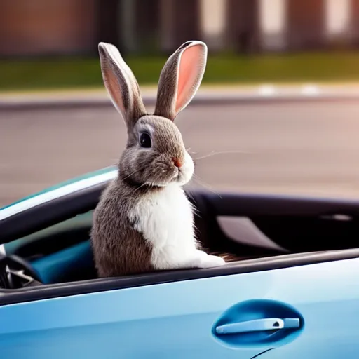 Image similar to a cute bunny driving a convertible, studio photo, high quality