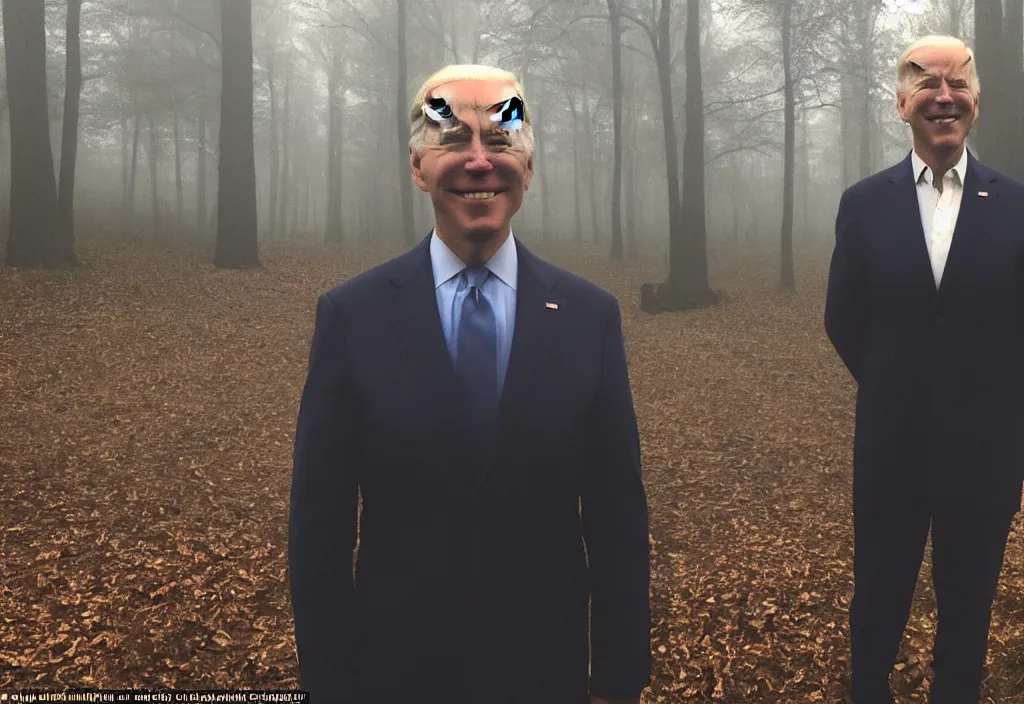 Prompt: low quality iphone photo of joe biden standing ominously in the foggy woods with a demonic smile in his face, creepy, far away