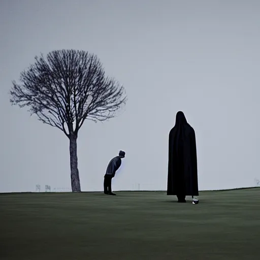 Prompt: the grim reaper standing stoic in black robe, waiting patiently, on a golf course while people play golf, perfect composition, by edmond leighton, simon stalenhag