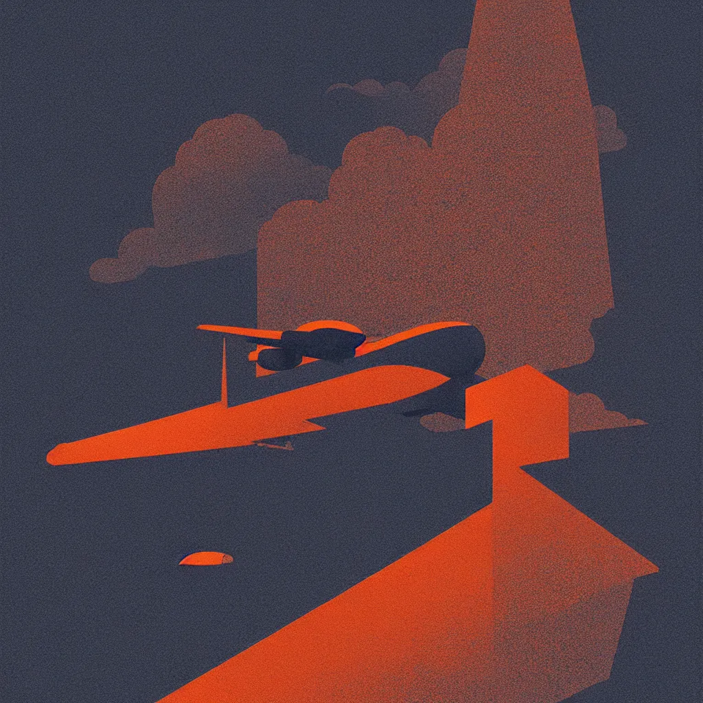 Prompt: plane in the clouds, mads berg, karolis strautniekas, film noir, stippled light, dramatic lighting, editorial illustration, detailed, fine texture, matte print, art deco, brutalism, dark blue + dark orange, red, black, ( ( habitat 6 7 background ) )