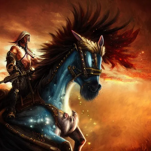 Image similar to epic digital painting of a warrior on a battle horse, eyes glowing, fantasy, sharp focus, highly detailed, cinematic