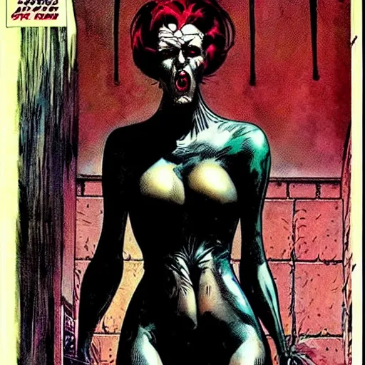 Image similar to portrait of a extremely frightened beautiful spider girl vintage comic book cover, by enki bilal, 1 9 6 8, dramatic, noir, creepy, surreal, weird, incredible, photo real 7 0 4